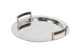 Silver Color With Wood Handle Round Serving Tray, 23"